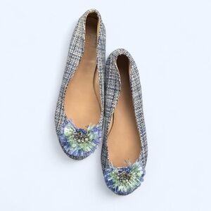 J Crew Collection Flats Tweed Leather Raffia Ballet Sz 8 Blue Preppy Embellished